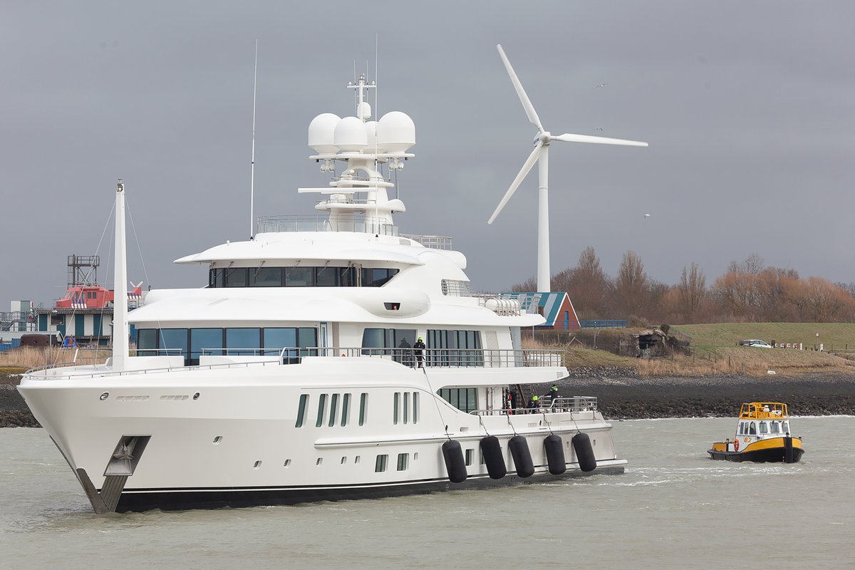 Dutchyachting's tweet photo. #NewSecret was delivered by Amels Holland after an #exterior #design by #TimHeywood and an #interior by #AndrewWinch in 2017. The 74m/ 242’8” #LimitedEditions242 #yacht returned in a #Beaufort 7 #windforce at #AmelsHolland in #Flushing yesterday. Photos by @maritimephoto https://t.co/M85jXzmATP