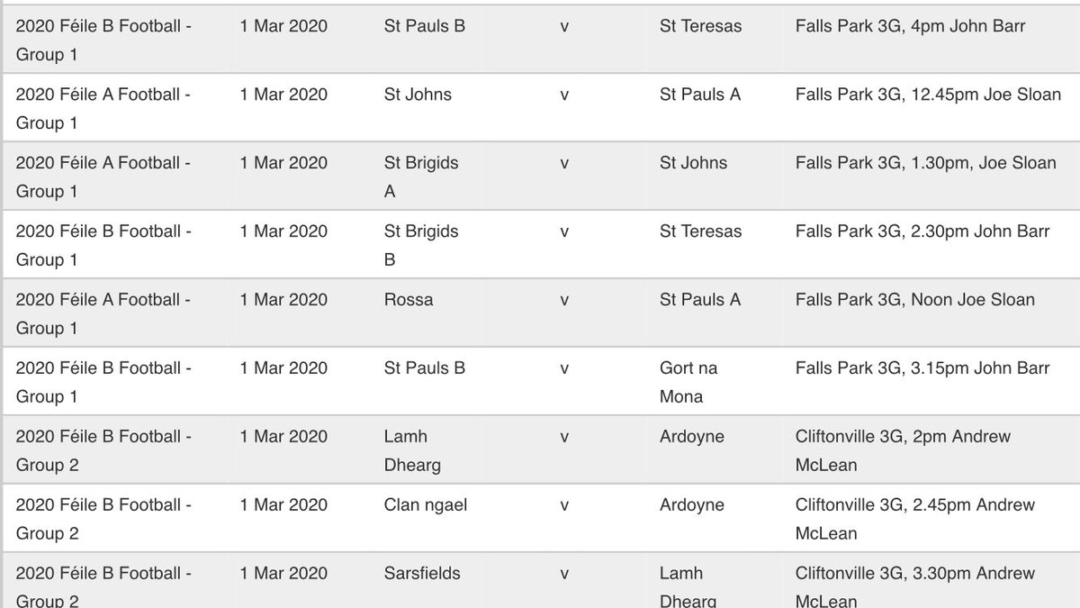 Today’s Feile fixtures. Good luck to all teams and mentors involved <a href="/lamhdheargclg/">Lámh Dhearg CLG</a> <a href="/Paddies1906/">Pádraig Sáirséil CLG</a> <a href="/ardoynegac/">CLG Ard Eoin</a> <a href="/Naomhbridclg/">St Brigids GAC</a> <a href="/StPaulsGAC/">CLG Naomh Pól, Béal Feirste 🅾️</a> <a href="/naomheoinclg/">Naomh Eoin CLG</a> <a href="/naomhtreasaclg/">Naomh Treasa CLG</a> <a href="/RossaGACBelfast/">O'Donovan Rossa GAC</a> <a href="/GortnaMonaCLG/">Gort na Móna CLG</a> <a href="/Naomh_Una_clg/">St Agnes GAC</a> <a href="/EireOgGAC/">Éire Óg</a> <a href="/StPatricksGAC/">Naomh Padraig Gac</a>