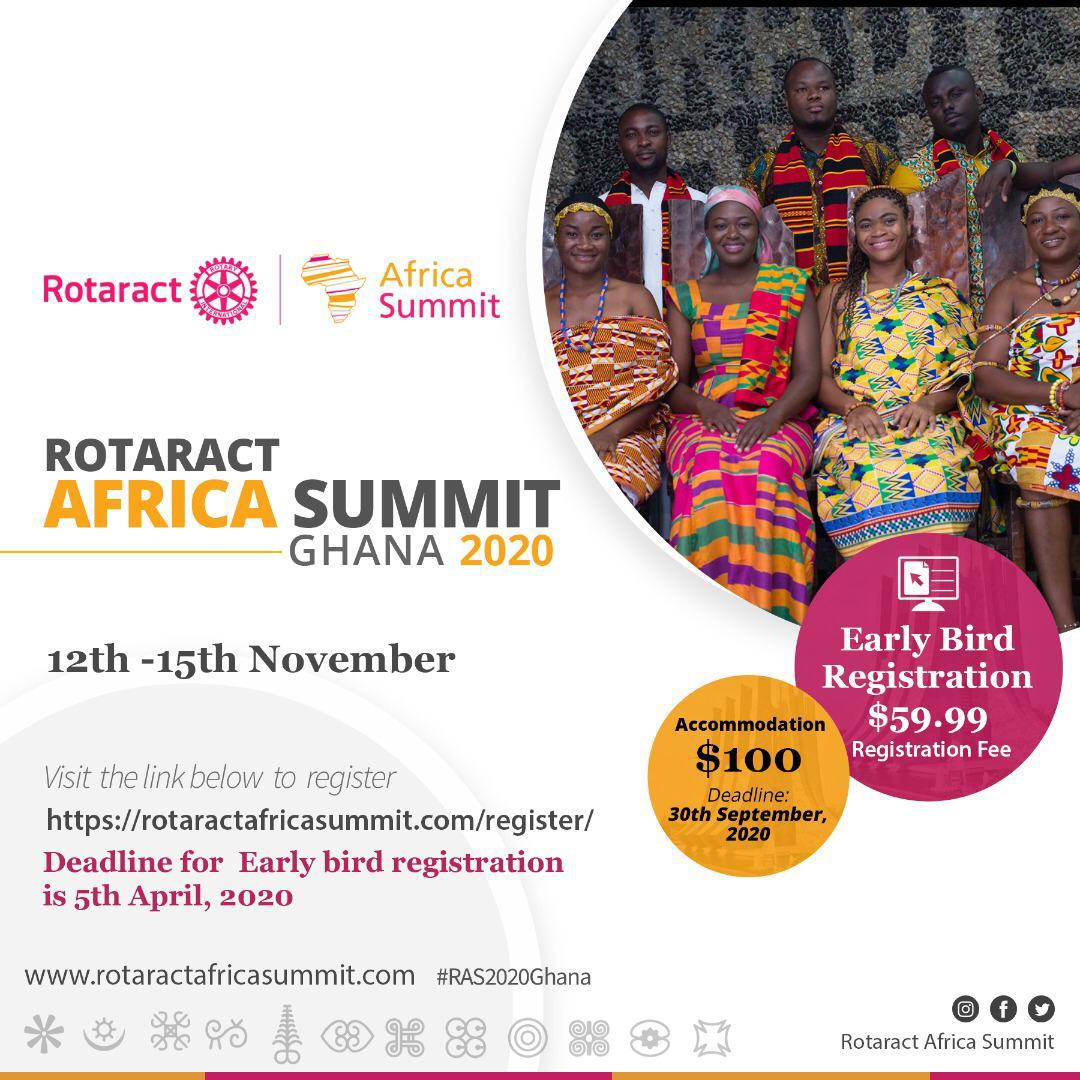 We are happy to announce that Early Bird Registration for Rotaract Africa Summit Ghana 2020 is now OPEN with a special rate of USD $159.99.
This special rate is only available between 1st March to 5th April.
1/