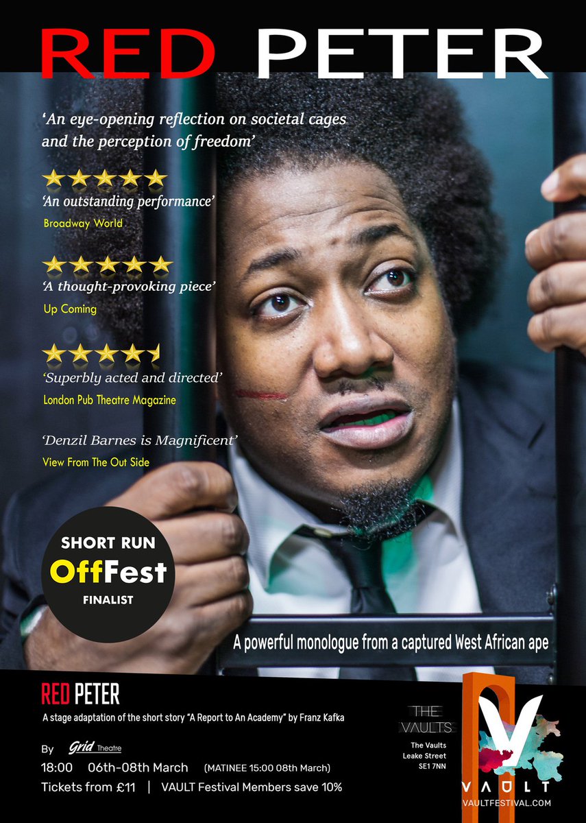 MyTheatreMates's tweet photo. HAVE YOU BOOKED?
@CamdenFringe hit #RedPeter follows a captured ape who assumes the human condition and reports back on his findings. See the acclaimed @chrisyy67 production at @VaultFestival 6-8 March
▸ https://t.co/DJKIFdsUVk
#Featured https://t.co/ON9aZ99jpI