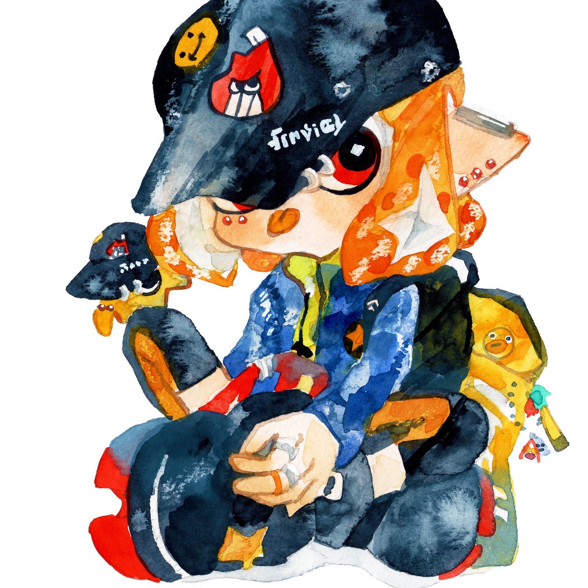 inkling ,inkling girl 1girl orange hair red eyes pointy ears hat white background baseball cap  illustration images