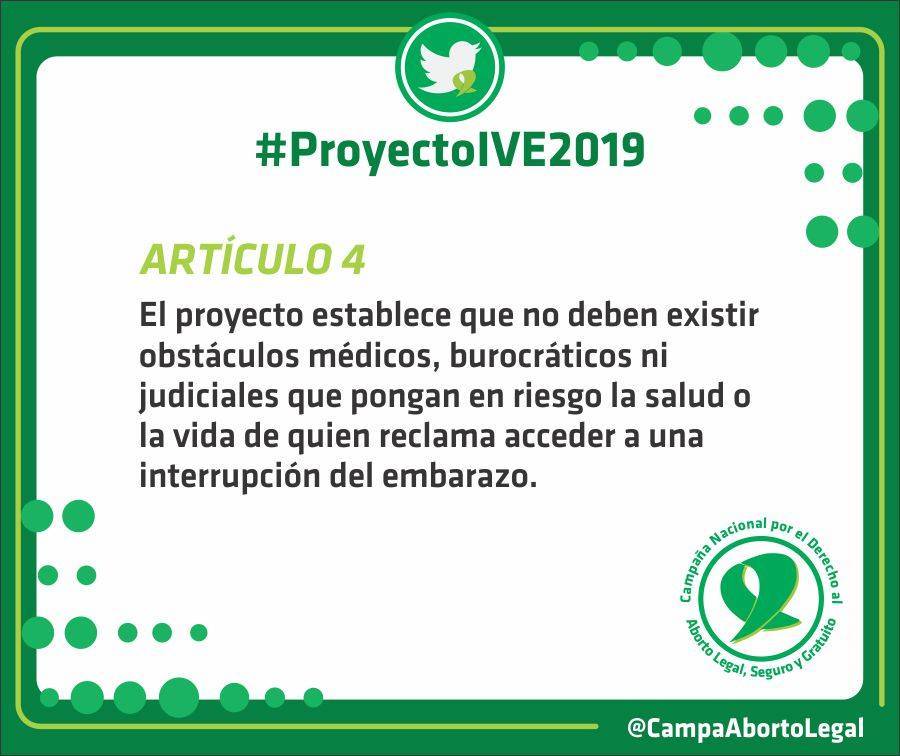 CampAbortoZSur's tweet photo. El proyecto establece que no deben existir obstáculos médicos, burocráticos ni judiciales que pongan en riesgo a la salud o la vida de quien reclama acceder a una interrupción del embarazo. #ProyectoIVE2019 #AbortoLegal2020 @CampAbortoLegal https://t.co/Qd29qZVnnc