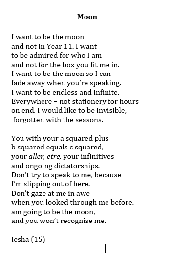 KateClanchy1's tweet image. I just met Iesha in the co-op, and remembered what a good poet she is. For anyone stuck on the GCSE treadmill who would rather be the moon. After Selima Hill.