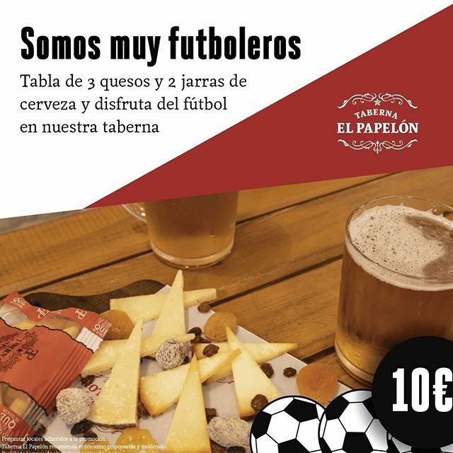 Ven a disfrutar del fútbol a nuestras Tabernas, con nuestras TV Gigantes y con una promoción especial durante los partidos de fútbol. 
Papelón de 3 quesos y 2 Jarras de cerveza 10€ (sólo durante el partido) Somos muy futboleros ⚽️⚽️⚽️ #futbol #somosm… ift.tt/2TcGwv6