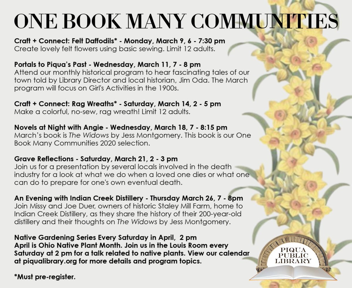 PiquaLibrary's tweet photo. The #PiquaLibrary is one of 22 libraries participating in #OneBookManyCommunities. Check out our list of #OBMC2020 programs that are inspired by our #communityread, #TheWidows by @JessM_Author. #bookclub #JessMontgomery #HomeGrownGreat #ThisisPiqua #PiquaOhio #PiquaOH #LovePiqua https://t.co/H37ZLBWf5b