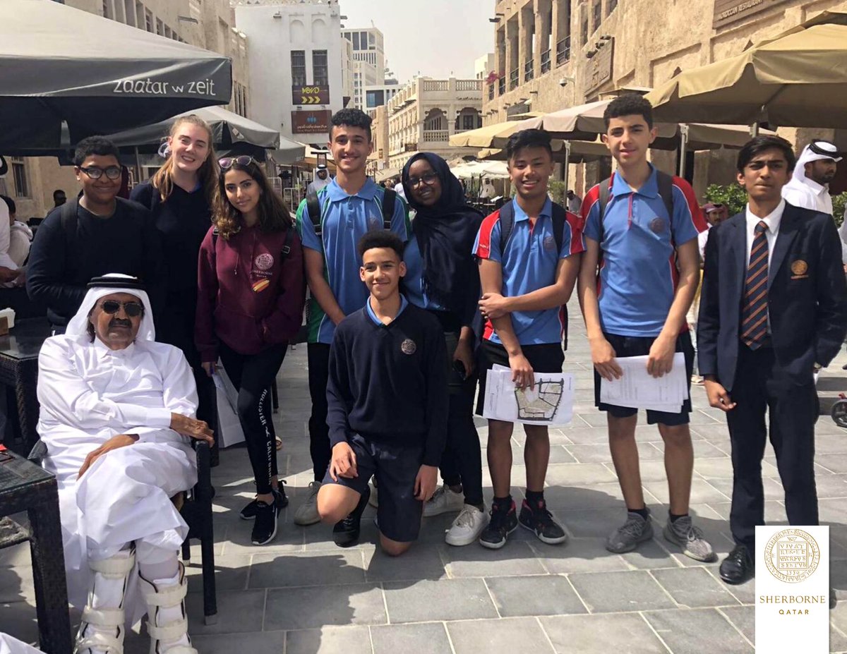 SherborneQatar's tweet photo. On our school trip to #SouqWaqif to investigate the development of the inner city #Doha @sherborneqatar pupils met #SheikhHamad bin Khalifa Al Thani, the founding father of the Souq.
#qatar #qatarroyalfamily #qatarroyals  #hamadbinkhalifaalthani #SheikhaMoza #Qatar #AlThaniFamily https://t.co/PvQ0SaYMKv