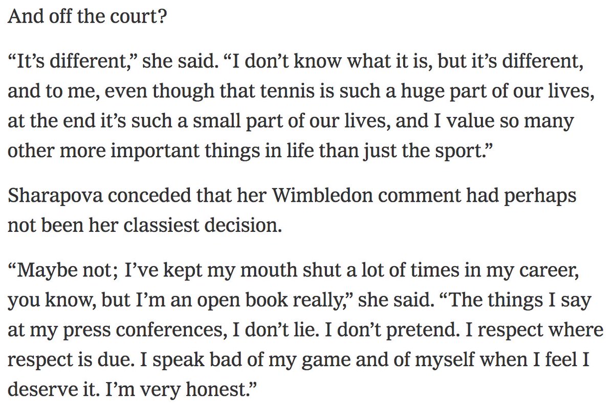 At the end of the year, Sharapova was featured in a New York Times piece, where she made it clear that while she greatly respected Williams on the court, that respect did not necessarily translate off the court.