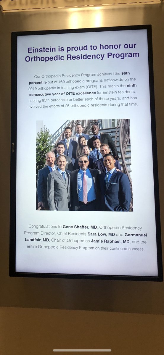 Caught this nice screen shot in a main hospital thoroughfare  @EinsteinHealth Phila. I love that we recognize the accomplishments of all of our stellar programs and I’m so proud to lead the Ortho service line! #orthoresidency #surgicalresidency #residents #orthopedics