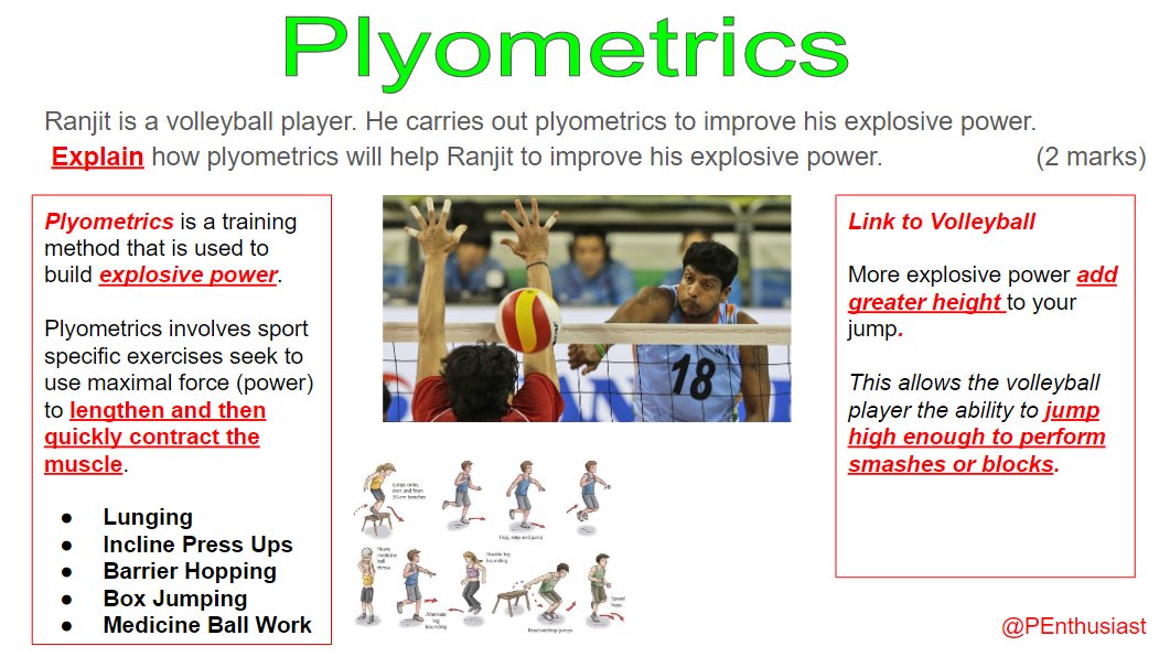 PEnthusiast's tweet image. Plyometrics involves using maximal force (power) to lengthen and quickly shorten (contract) the muscle. #TrainingMethod Used to to build explosive power.  #ExamWeek #BTECSportRev
