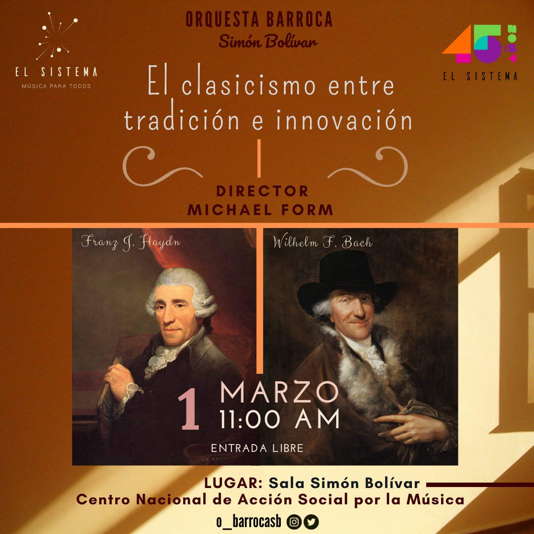 AcaCaracas's tweet photo. #AcáCaracas #HOY #Dom #1Marzo #Concierto MÚSICA BARROCA "El clasicismo entre tradición e innovación" con @o_barrocasb | Sala Simón Bolívar del @cnaspm | Dirección del maestro alemán #MichaelForm | 11:00 AM | ENTRADA LIBRE! @elsistema @lacomunidadcas @vzlasinfonica #ViveCCS https://t.co/5gsqsKKLmz