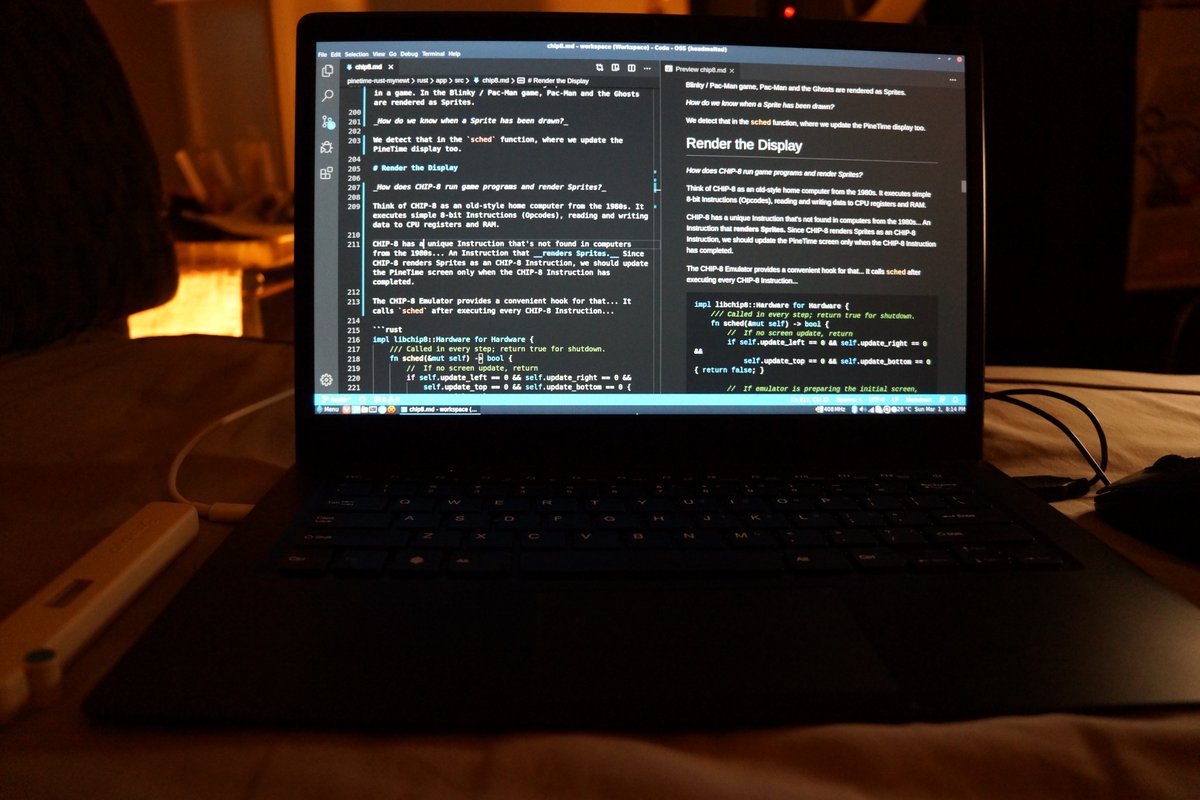 MisterTechBlog's tweet photo. My latest Writing Setup... #RustDoc with #VSCode on #Pinebook Pro @ThePine64... (Bye Medium) Yep always keep your Thermometer handy! https://t.co/voftNvFPam https://t.co/2bgzIGn83P
