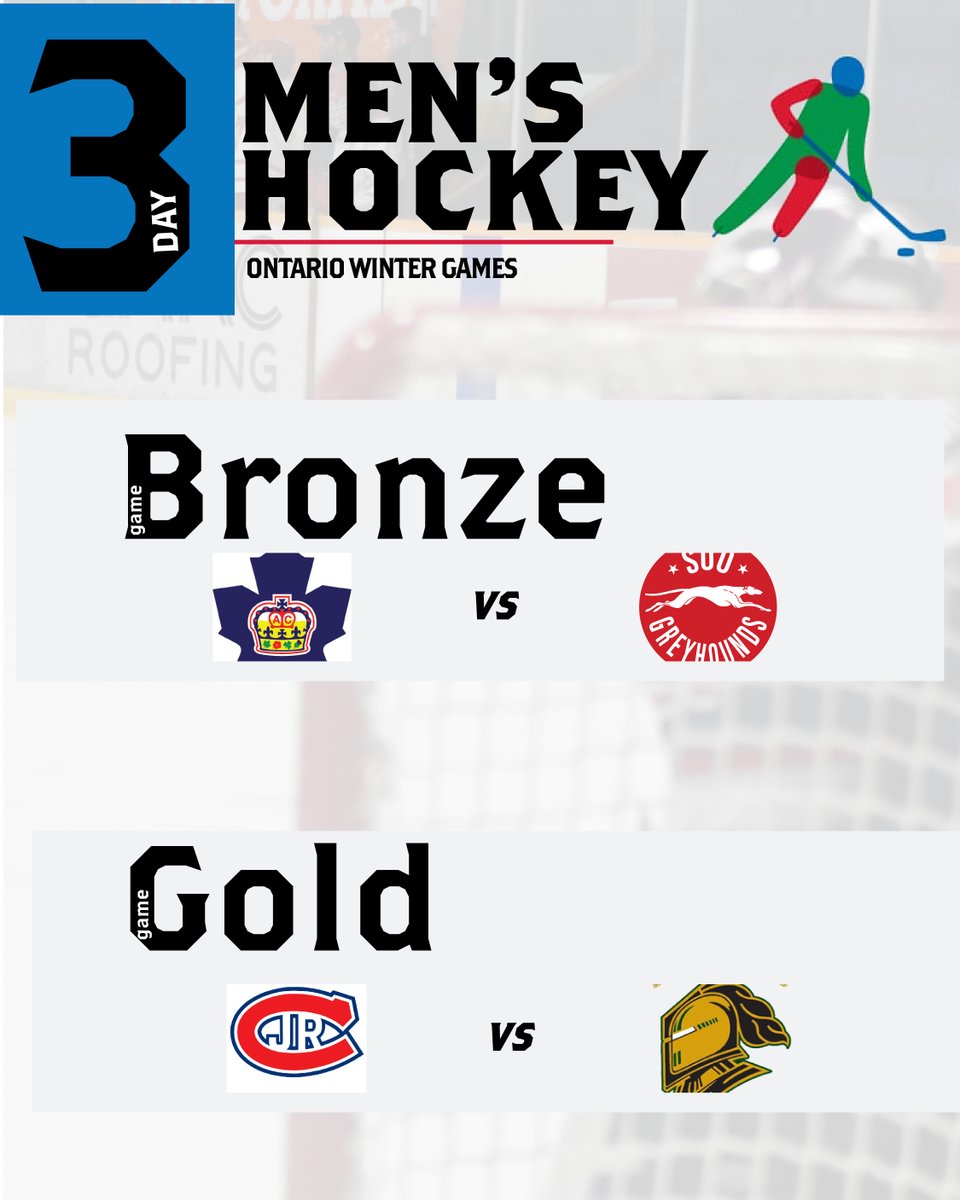 OHFChamps's tweet photo. GAME DAY! The final four Men's hockey teams compete for medals today at the Ontario Winter Games (@Orillia2020).

🥉@ 9:30 a.m. - Toronto Marlboros vs. Soo Jr. Greyhounds 
🥇@ 12:00 p.m. Toronto Jr. Canadiens vs. London Jr. Knights  

SCHEDULE and STATS ➡️https://t.co/WyS4M96MVL https://t.co/WKam7EE1rJ