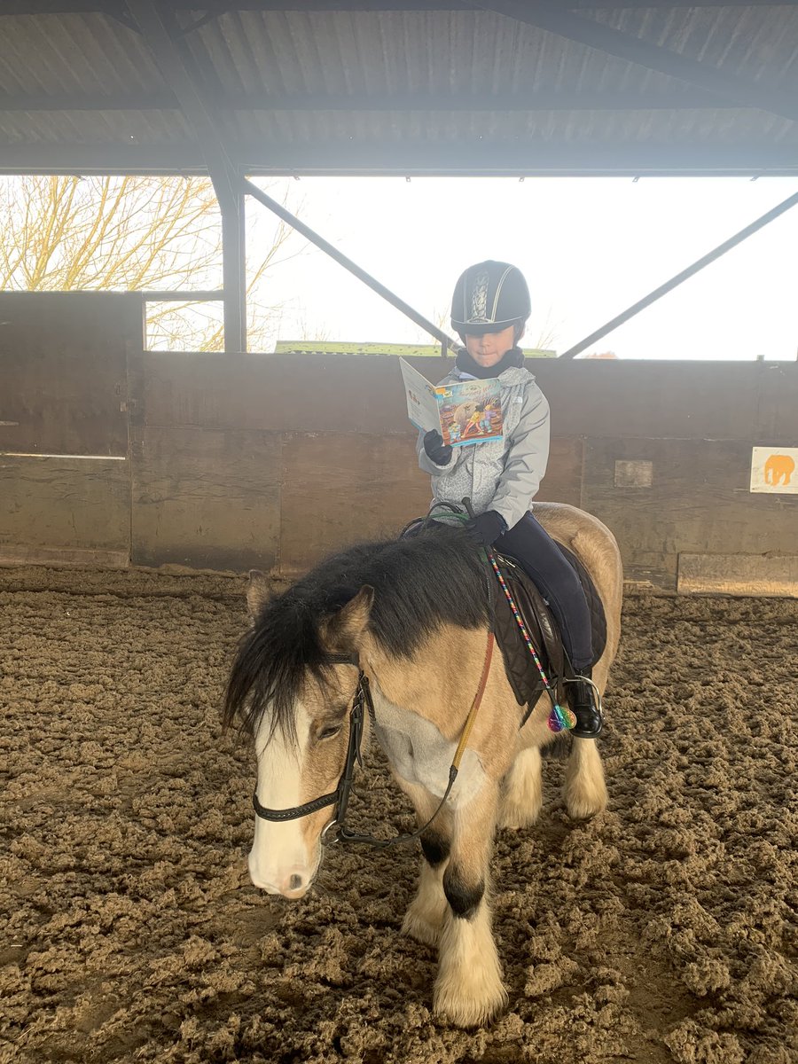 Olivia, year 2, and her extreme reading! She’s on her horse, Dudley, at the stables 🐎#extremereading #strobertbellarmines <a href="/StBellarmine/">St Robert Bellarmine</a>