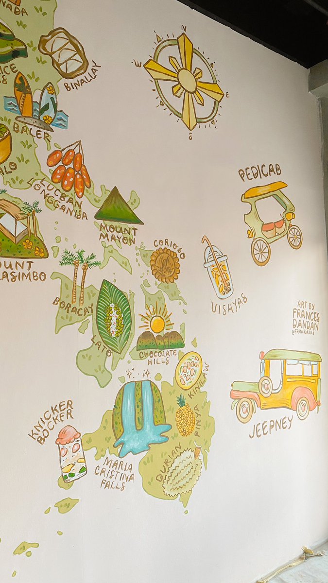 franceskills's tweet photo. did another mural and this time it’s a whole ass map of the philippines on a 10x15 ft wall!!

this was such a challenge in terms of scale, details ᵃⁿᵈ ᵃᶜᵃᵈˢ ᶦⁿ ᵇᵉᵗʷᵉᵉⁿ but it’s always a no-brainer when i’m given the chance to make art about local culture 🇵🇭 #artph https://t.co/K0Wdz27PhU
