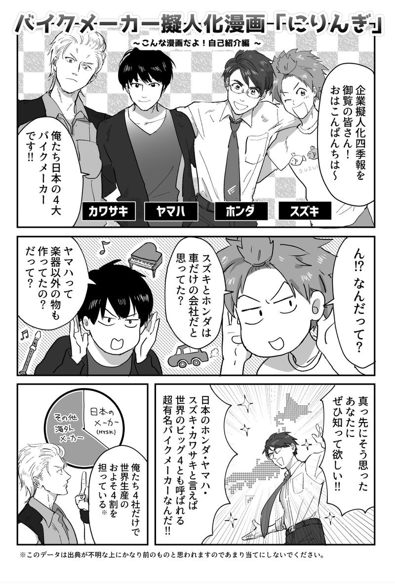 バイクメーカーを擬人化しています!!一気読みはここ(https://t.co/zY0d4Uh6yx )でできるから読んで読んで～!!✌('ω'✌ )三✌('ω')✌三( ✌'ω')✌
#コロナばっかりで気が滅入るから擬人化載せようぜ 
#バイクメーカー擬人化 #にりんぎ 