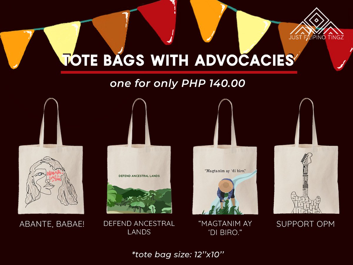 JustFilTingz's tweet photo. ‘ETO NA! Kami ay nagbebenta ng mga tote bag (12”x10”) sa halaga ng PHP 140.00 lang! Tignan ang aming inaalok na disenyo! 

PM IS KEY 🔑 
#JustFilipinoTingz #BagaySayo https://t.co/XLRtcOcvfg