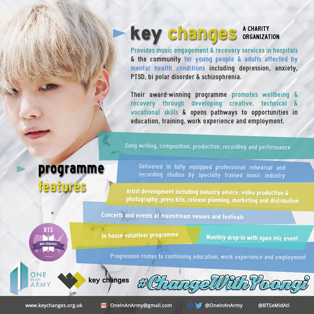 OneInAnARMY's tweet photo. .@keychangesmusic promote positive mental health through music engagement &amp; recovery services for people affected by mental health conditions.

Let's create an impact in their lives, as Yoongi has done in ours 💜

Donate ⬇️
https://t.co/W3JVpT0vJK

Form ⬇️
https://t.co/zQK8SfCdR0 https://t.co/rNDIjX1mD0