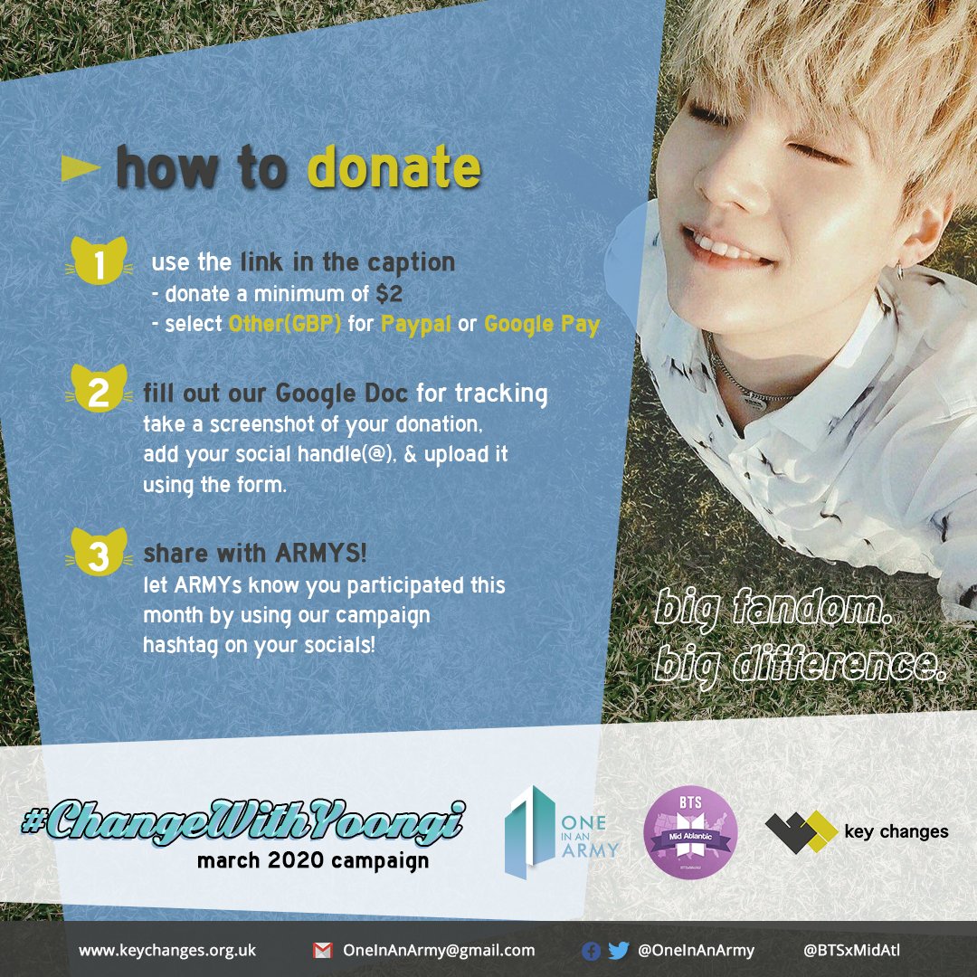 OneInAnARMY's tweet photo. .@keychangesmusic promote positive mental health through music engagement &amp; recovery services for people affected by mental health conditions.

Let's create an impact in their lives, as Yoongi has done in ours 💜

Donate ⬇️
https://t.co/W3JVpT0vJK

Form ⬇️
https://t.co/zQK8SfCdR0 https://t.co/rNDIjX1mD0