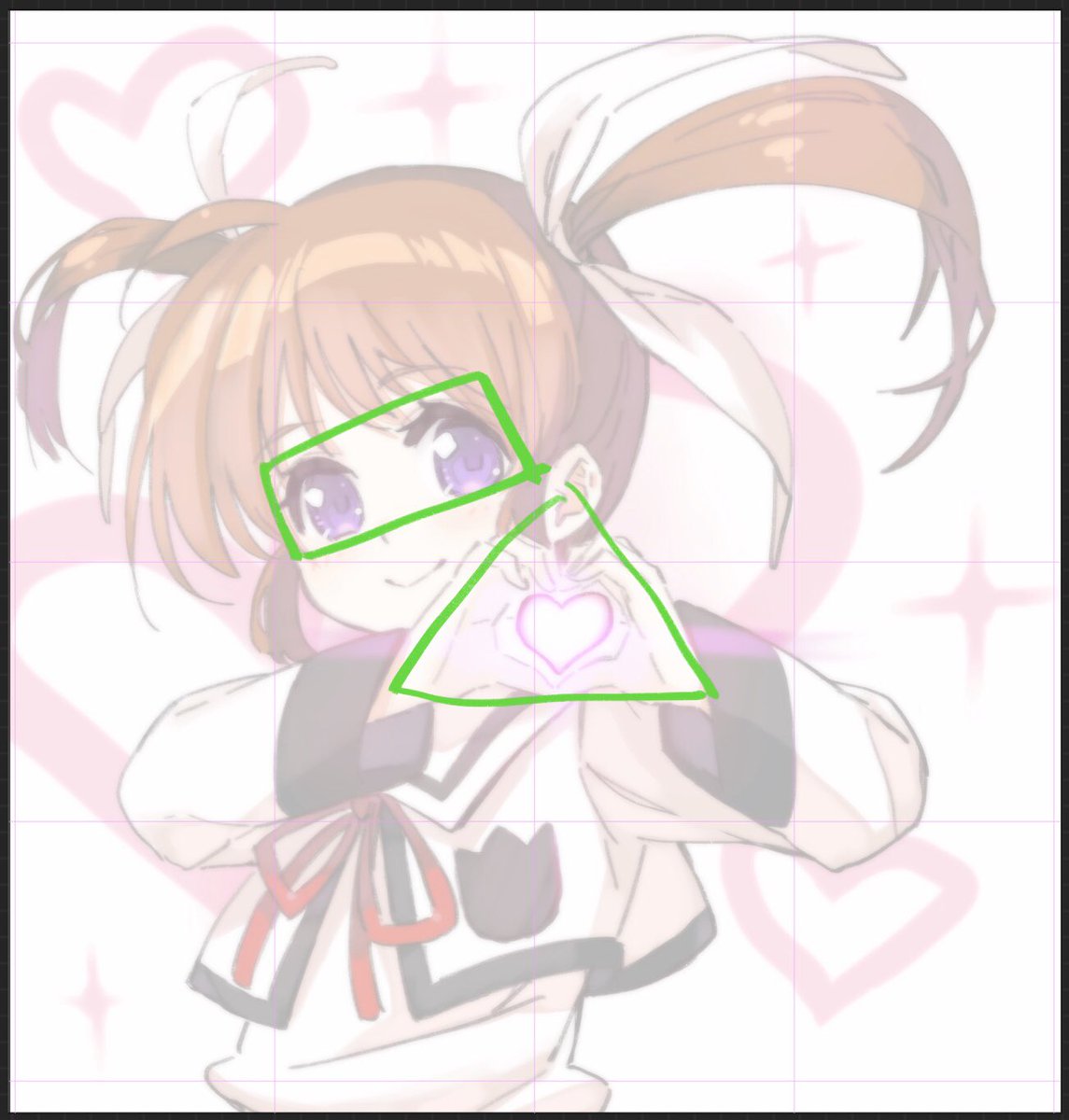 ①レイアウト
このイラストのアピールポイントは
「なのはの顔」と「ハート」
この2つを効果的に見せたい。
赤い線が「視線が集まる」ラインで、一番視線が集まるのは交差している中心です。
ライン上か中心にアピールポイントを配置します。
四隅に大切なものは描きません。
気付きにくいので…