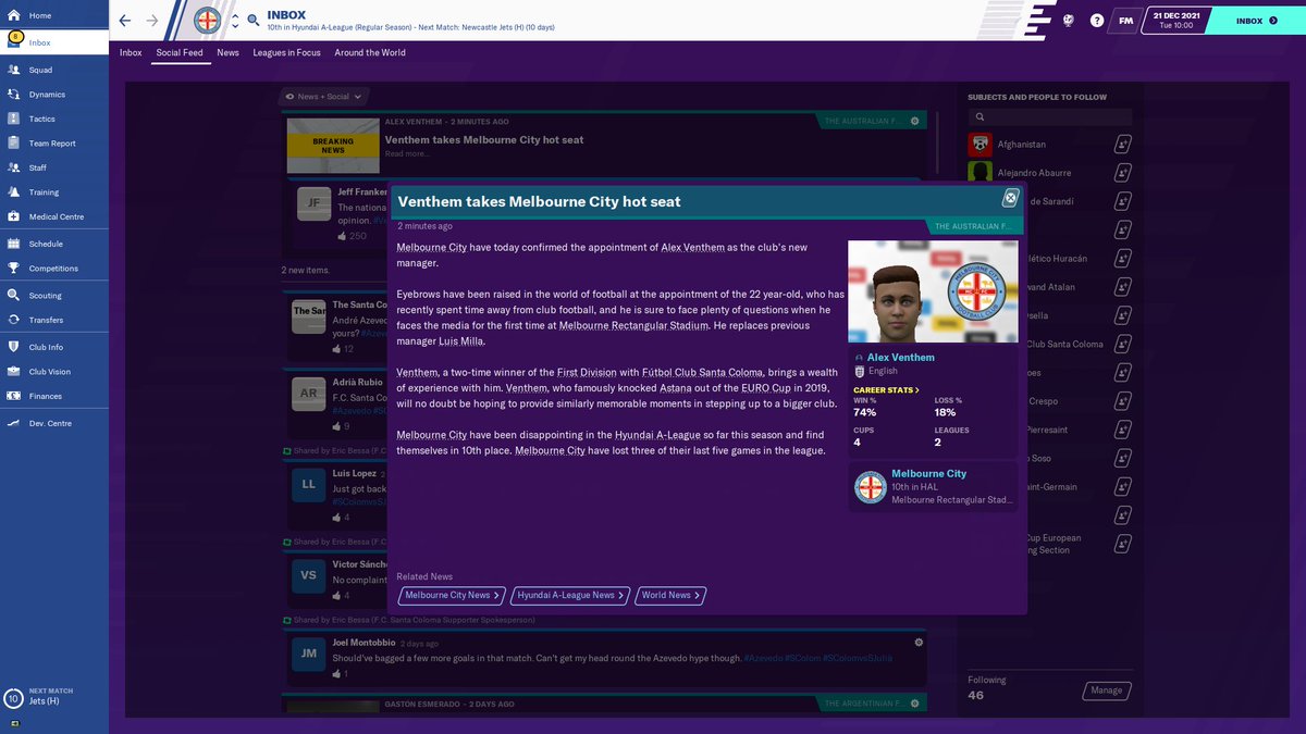 After getting the exact same finishing positions again with Santa Coloma, i've just been appointed as manager of Melbourne City in Australia. All about managing expectations this season then pushing for honours in the next  #FM20