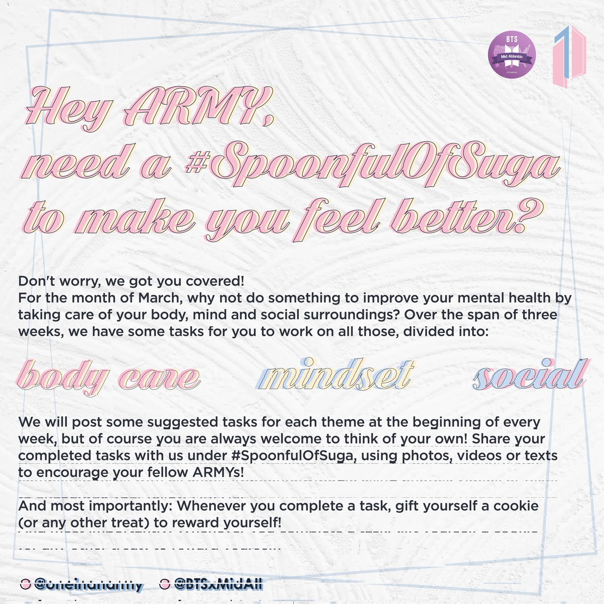OneInAnARMY's tweet photo. Feel like you're missing something in your life? Maybe you just need a #SpoonfulOfSuga! 🍬💜 

Alongside our #ChangeWithYoongi campaign, we present our side activity, that provides you some suggestions to take care of yourself and make yourself feel better! Read more below ⬇️ https://t.co/LgvWHRD3Nb