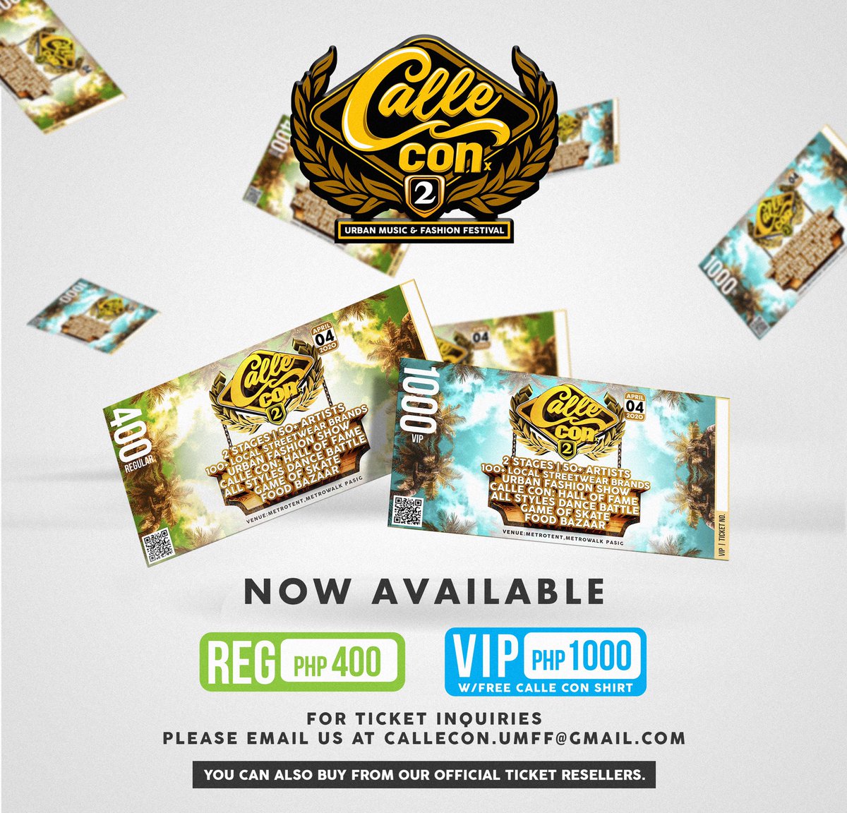 DOUGBROCK_'s tweet photo. CALLE CON 2 Tickets Out Now!!! π«
Ticket Price:
VIP - 1,000php (W/ Calle Con Event Shirt)
REG - 400php
#CALLECON2
#CALLECONPH
#CALLECON2020
#CALLECONCOMMUNITY https://t.co/9vOFQXaM5s