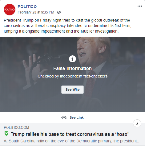 Timcast's tweet photo. Politico got fact checked on Facebook for spreading false information about Trump and Coronavirus https://t.co/uD93zUtBxs