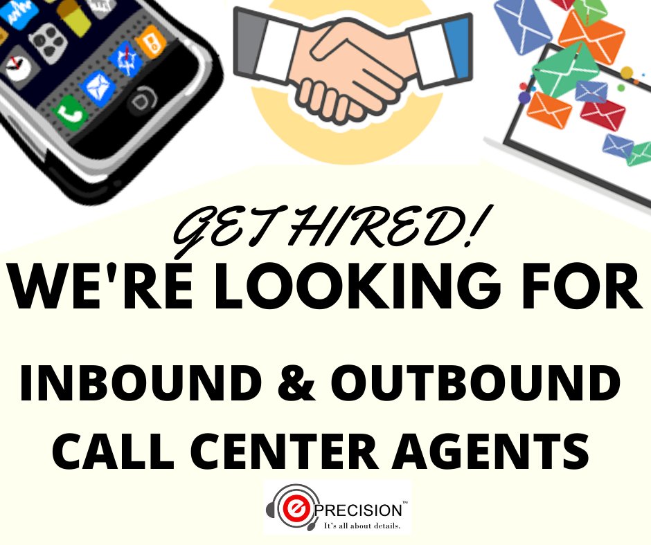 EPrecisionCS's tweet image. We&apos;re still hiring for the following positions for our La Trinidad &amp;amp; La Union offices.

Positions available:

-INBOUND &amp;amp; OUTBOUND CALL CENTER AGENTS
-NON-VOICE CALL CENTER AGENTS
-VIRTUAL ASSISTANTS

#CallCenter #EPrecision #CallCenterJobs