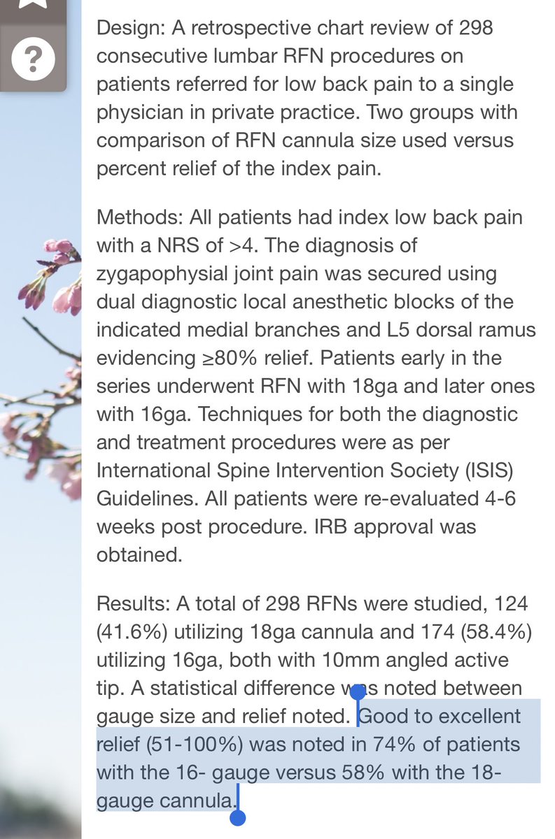 NarouzeMD's tweet photo. 16 gauge 🆚 18 gauge Cannula for lumbar facet #RFA 
Abstract by Michael Alvarado et al #AAPM2020
Retrospective 
#298
Good-excellent relief (51-100%) in 74% patients with 16- gauge 🆚 58% with 18-gauge
@ScottPritzlaff @SMoeschlerMD @DoctorSivaMD @DProvenzanoMD https://t.co/sEAtuNJ2sb