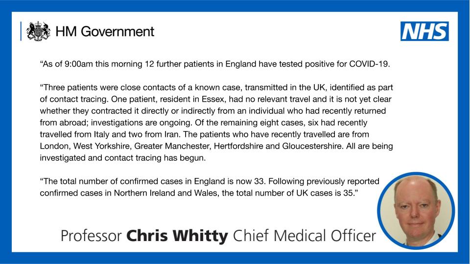 12 further patients in England have tested positive for COVID-19.