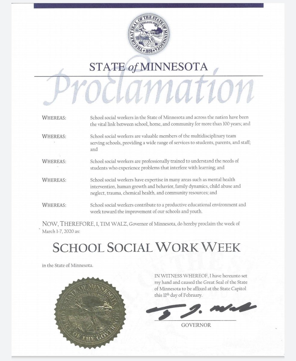 ssw_minnesota's tweet photo. Thank you @GovTimWalz @LtGovFlanagan for proclaiming this week, SSW week in the state of MN. As licensed mental health professionals and practitioners, SSW's provide evidence-informed knowledge, skills, and abilities mapped to the national school social work practice model. https://t.co/xvIvBYmjZJ