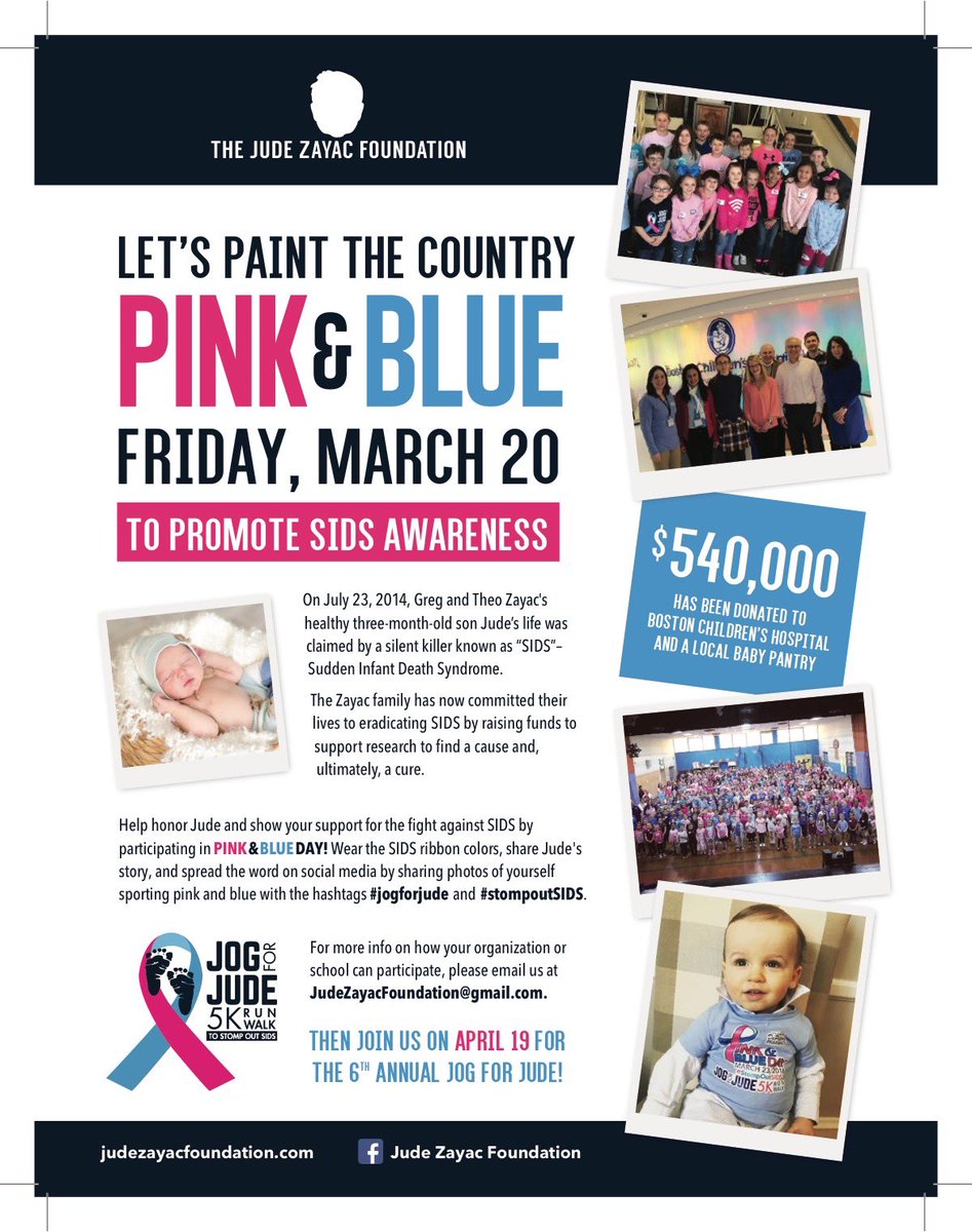 JogForJude's tweet photo. Can you sport some PINK &amp; Blue on March 20th in honor of Jude and all babies who have left us too soon? Help us support @BostonChildrens and #stompoutSIDS! SIDS is the leading cause of death for children under 1 year and we will lose over 3,000 babies this year alone. #jogforjude https://t.co/BImnTzO5f3