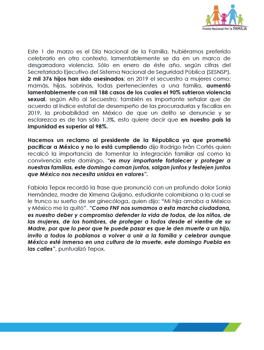 FNxFamilia's tweet photo. El Frente Nacional por la Familia (FNF) se pone en #MarchaPorTuVida este domingo 1 de marzo, #DíaNacionaldelaFamilia en la ciudad de Puebla junto con, otros contingentes organizados de la sociedad civil. Señor presidente @lopezobrador_  CUMPLA SU PROMESA DE PACIFICAR A MÉXICO https://t.co/amkw4KAGDo