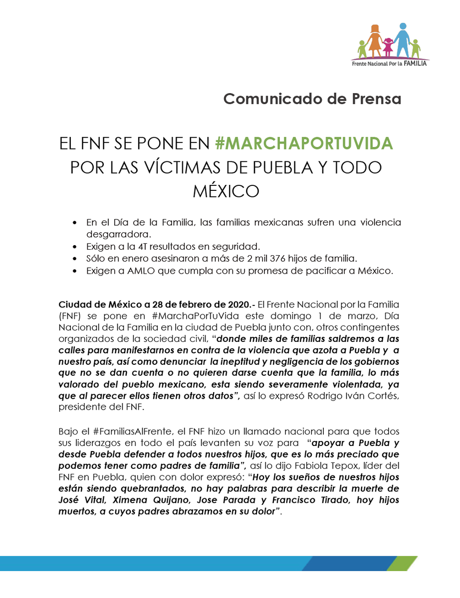 FNxFamilia's tweet photo. El Frente Nacional por la Familia (FNF) se pone en #MarchaPorTuVida este domingo 1 de marzo, #DíaNacionaldelaFamilia en la ciudad de Puebla junto con, otros contingentes organizados de la sociedad civil. Señor presidente @lopezobrador_  CUMPLA SU PROMESA DE PACIFICAR A MÉXICO https://t.co/amkw4KAGDo