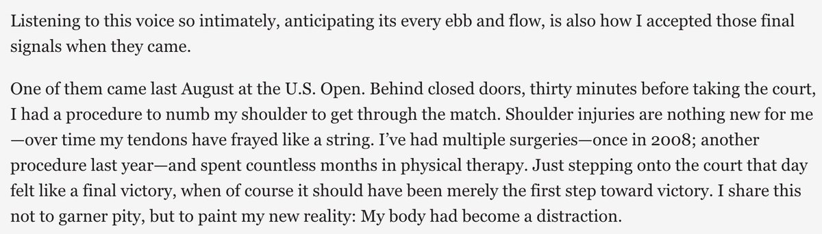 In the essay, Sharapova stated how she knew it was time to retire half an hour before her match with Serena Williams at the US Open, needing a shoulder procedure to get through the match.