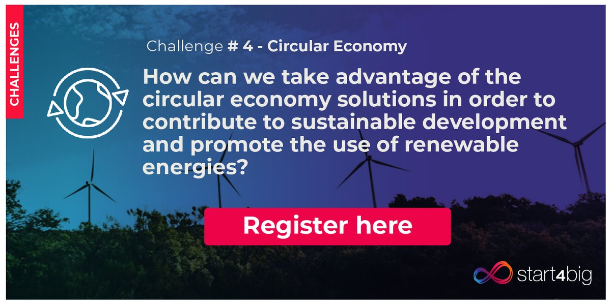 THE LAST DAY TO APPLY TO START4BIG!

#CHALLENGE4 | #Start4big is looking for tech that leverages circular economy solutions in order to promote sustainable development and the use of renewable energies.

Apply NOW: 👉 bit.ly/2qpy6oz 👈