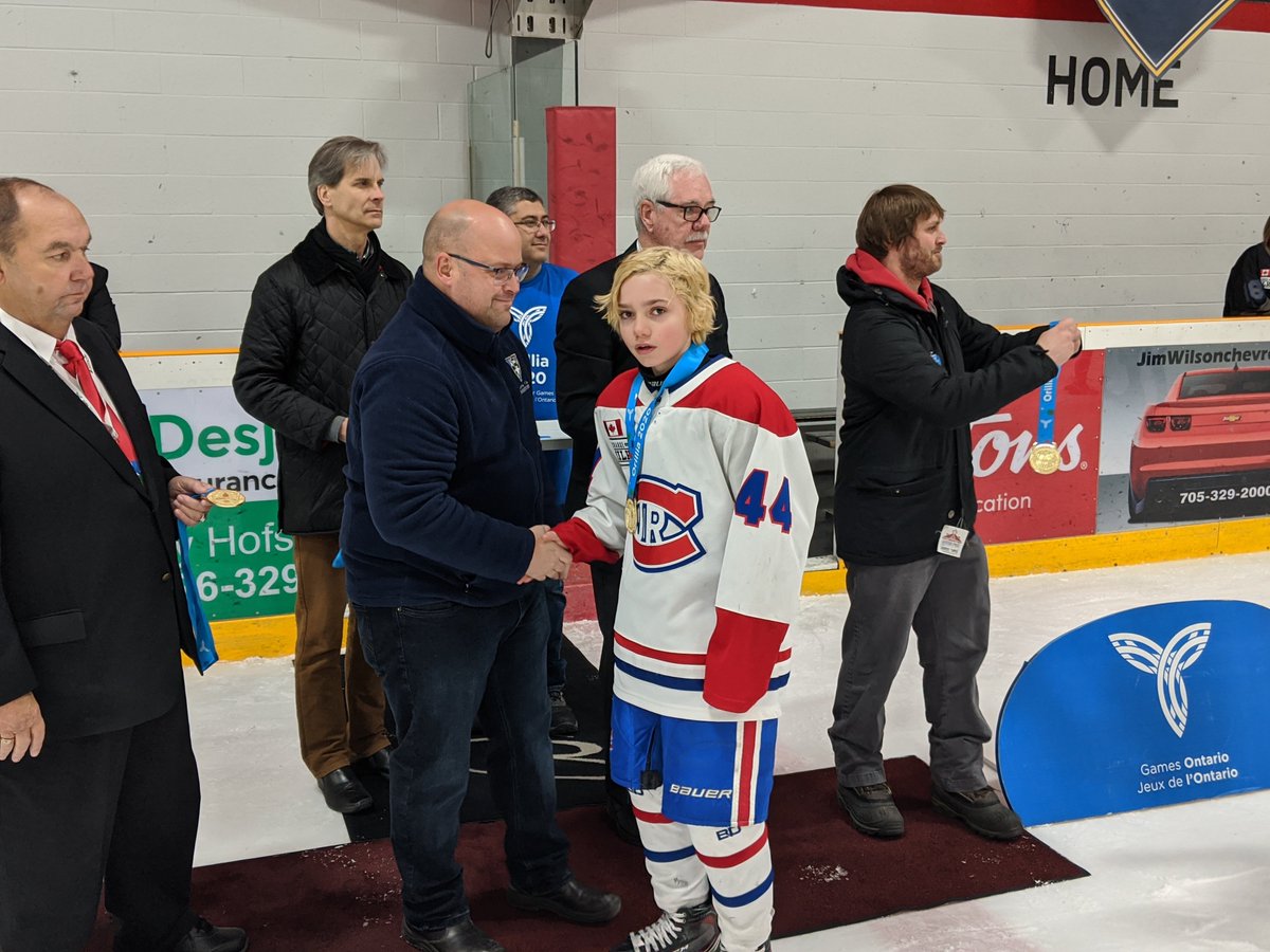 Orillia2024's tweet photo. And the gold medal goes to .. Toronto Junior Canadiens! Thanks to hockey sponsor @LakeheadOrillia for their support and for being in Rama to present the medals! #play2inspire #orillia2020 https://t.co/xgOCX29cby