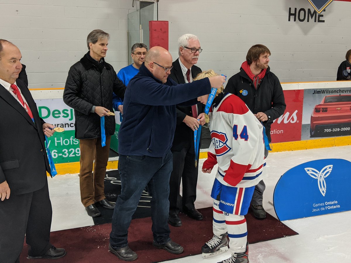 Orillia2024's tweet photo. And the gold medal goes to .. Toronto Junior Canadiens! Thanks to hockey sponsor @LakeheadOrillia for their support and for being in Rama to present the medals! #play2inspire #orillia2020 https://t.co/xgOCX29cby
