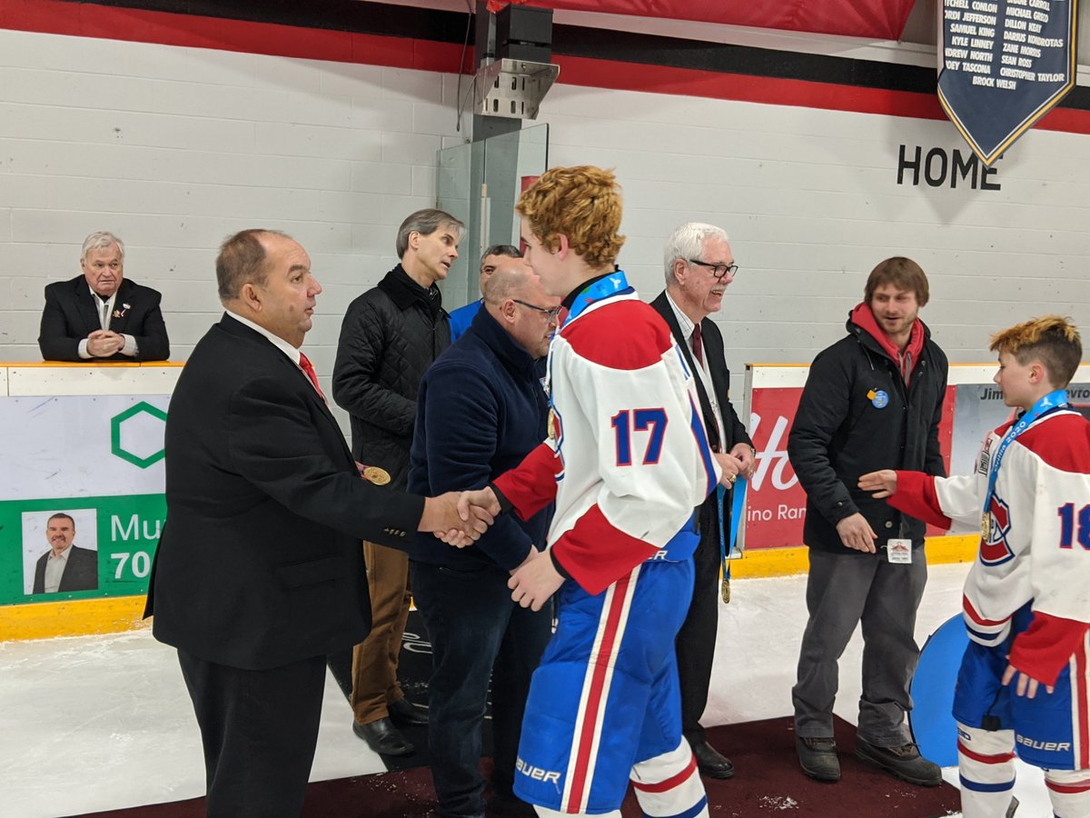 Orillia2024's tweet photo. And the gold medal goes to .. Toronto Junior Canadiens! Thanks to hockey sponsor @LakeheadOrillia for their support and for being in Rama to present the medals! #play2inspire #orillia2020 https://t.co/xgOCX29cby