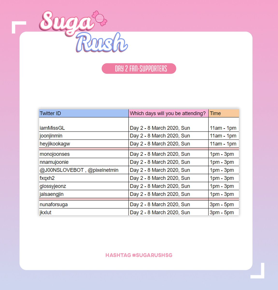 SUGARUSHSG's tweet photo. Fan-supporters, please double check your slots below. If there is any changes or last call for anyone who may want to do fan-support at our cafe event, do DM us! 

If we missed out anyone, do let us know as well! ✨
-------
#SUGARUSHSG https://t.co/xmv068GEqH