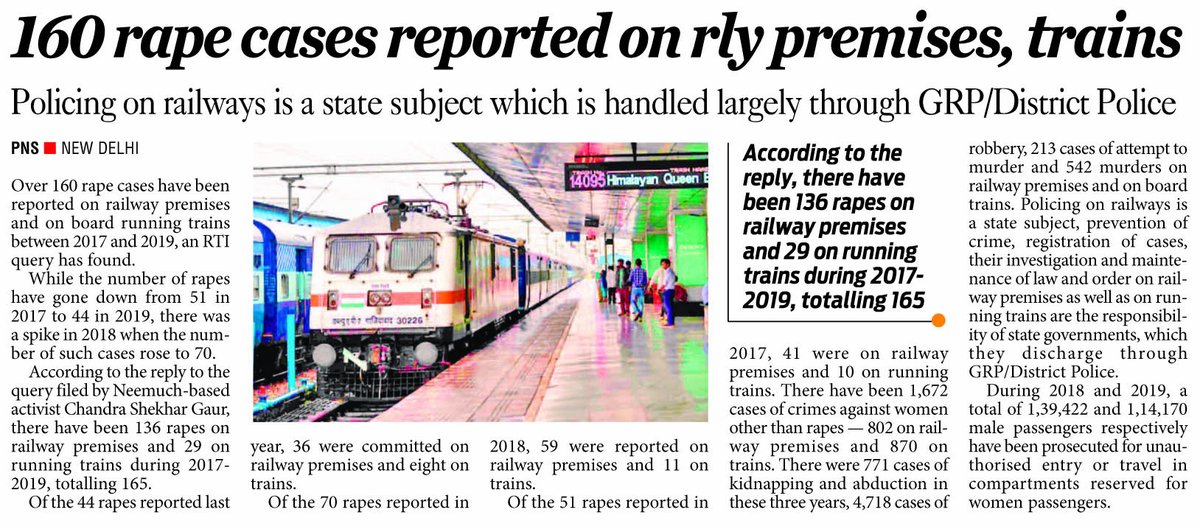 Pioneer_TS_AP's tweet photo. Over 160 #rape #cases have been reported on #railway premises and on board running #trains trains between 2017 and 2019, an @rtiindia query has found.
#RTI @RailMinIndia @Central_Railway #IndianRailways #crime @TelanganaCMO #runningtrains #GRP https://t.co/h3g5OALHLe
