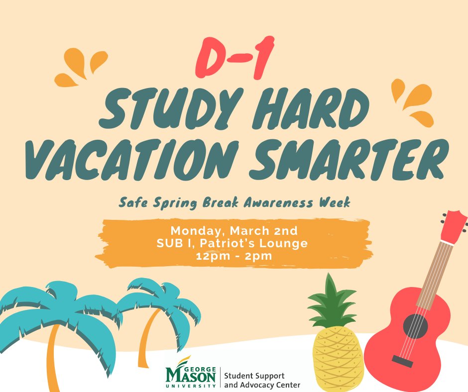 Jihyo4PR's tweet photo. D-1🥳 Safe Spring Break Awareness Week is starting TOMORROW! 
To Study Hard, Vacation Smarter, join @SSACGMU event and prepare for your smart spring break.
You can get safe spring break kit also! 
Check out the time and location below👇👇 #MimsPR #SSBAWGMU https://t.co/SL201lW6uP