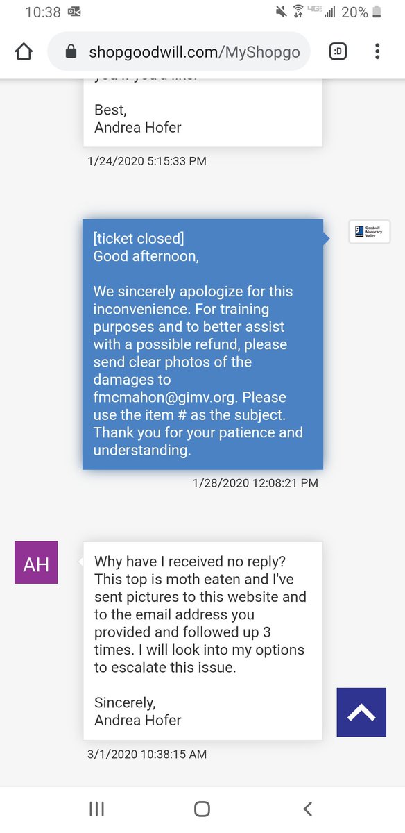 AndreaHofer's tweet photo. @GoodwillIntl Am I doing something wrong? I've followed all refund/return directions after receiving a moth eaten top that was listed as being in good condition. Why can't I get a response to my 4 outreaches? https://t.co/dzujgfepGE