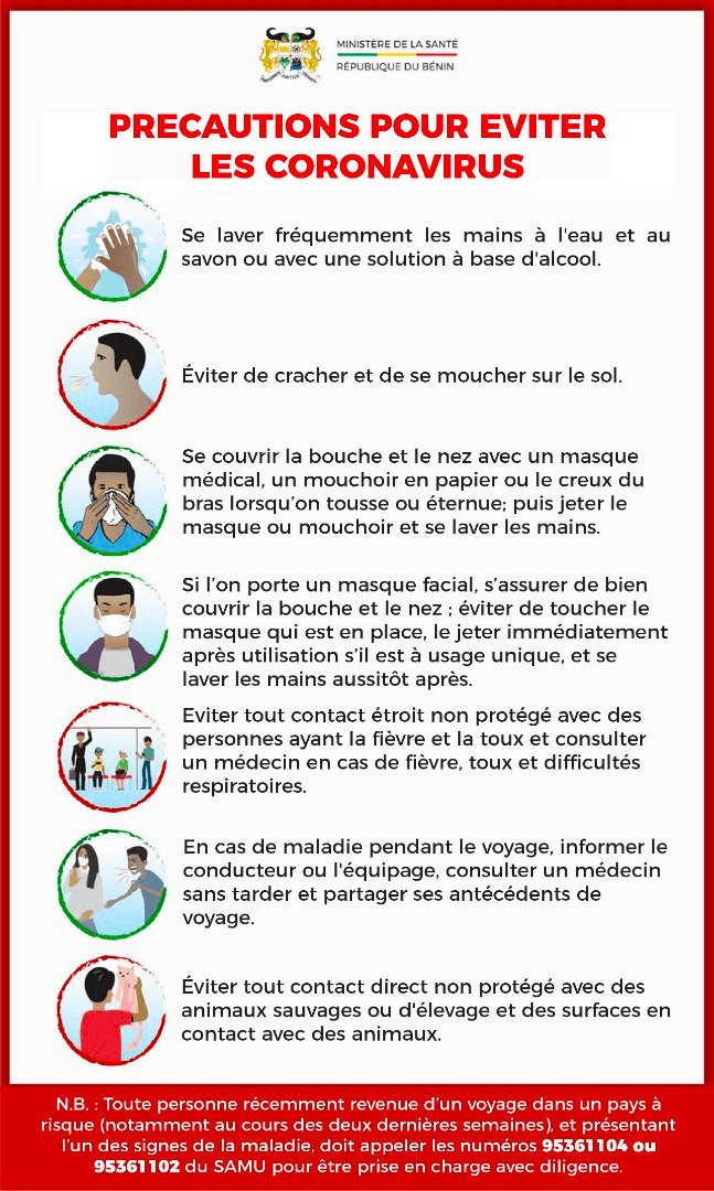 gouvbenin's tweet photo. Coronavirus - Point des mesures prises par le gouvernement https://t.co/FxdQjICuED

- Pour toutes informations, contacter au Bénin (+229) 95361107, ou le 51020000 ou le 51040000
- Numéros du SAMU : 95361102 ou le 95361104 https://t.co/HD8oe442KW