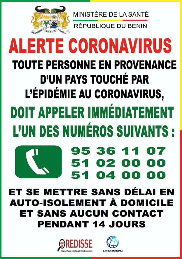 gouvbenin's tweet photo. Coronavirus - Point des mesures prises par le gouvernement https://t.co/FxdQjICuED

- Pour toutes informations, contacter au Bénin (+229) 95361107, ou le 51020000 ou le 51040000
- Numéros du SAMU : 95361102 ou le 95361104 https://t.co/HD8oe442KW