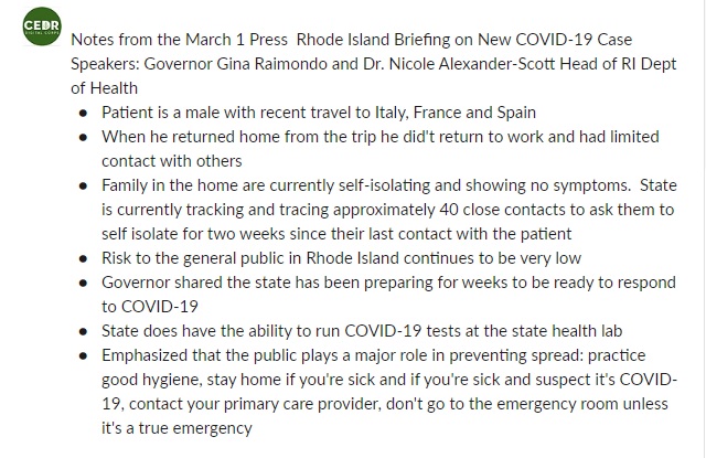 CEDRdigital's tweet photo. Summary of #RhodeIsland Press Briefing on #COVID19
notes by a #CEDRdigital volunteer
--------
Resumen de #RhodeIsland Press Briefing sobre #Coronavirus notas de un voluntario de CEDRdigital https://t.co/Z33gcDzkYG