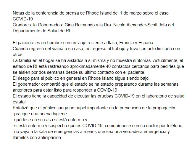 CEDRdigital's tweet photo. Summary of #RhodeIsland Press Briefing on #COVID19
notes by a #CEDRdigital volunteer
--------
Resumen de #RhodeIsland Press Briefing sobre #Coronavirus notas de un voluntario de CEDRdigital https://t.co/Z33gcDzkYG