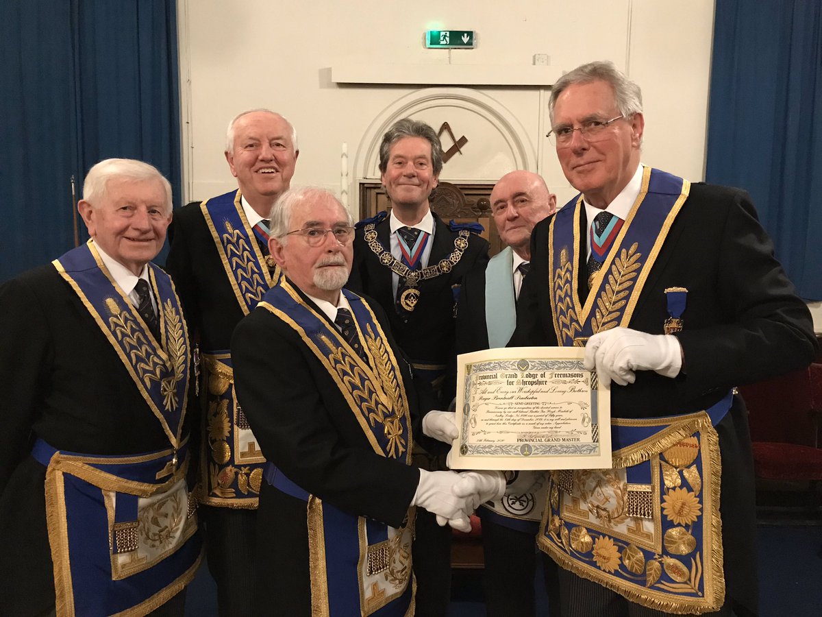 ShropshireMason's tweet photo. On Tuesday 25th February The Past Provincial Grand Master, RWBro Peter Taylor presented a fifty year certificate to WBro Ian Macbeth at a meeting of Audley Lodge in the presence of the Provincial Grand Master RWBro Roger Pemberton https://t.co/Bq5KLCYMek