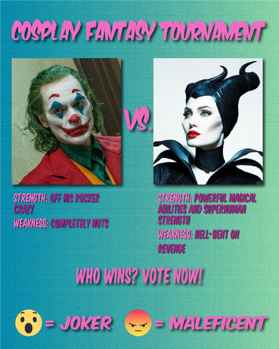 GamesStumpt's tweet photo. Battle 3: Joker vs. Maleficent!
Vote on Facebook for the next 48 hours! The winner will move on to the next round of our #Cosplay Fantasy Tournament.
 #cosplay #cosplayersoftwitter #cosplayers #cosplaying #comiccon #cosplays #cosplayoftwitter #cosplaylife #stumpt https://t.co/GAD1IWqhpu