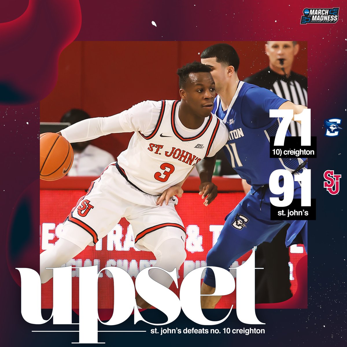MarchMadnessMBB's tweet photo. UPSET IN QUEENS 🚨

St. John’s takes down No. 10 Creighton for its first win over a top 10 team in Queens since 1975! #SJUBB https://t.co/OdCqGDVwK5